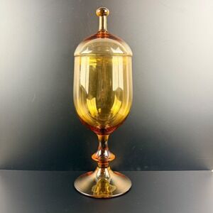 VTG Large Empoli Amber Glass Pedestal Apothecary Jar Lidded Urn MCM Italy 16.5"